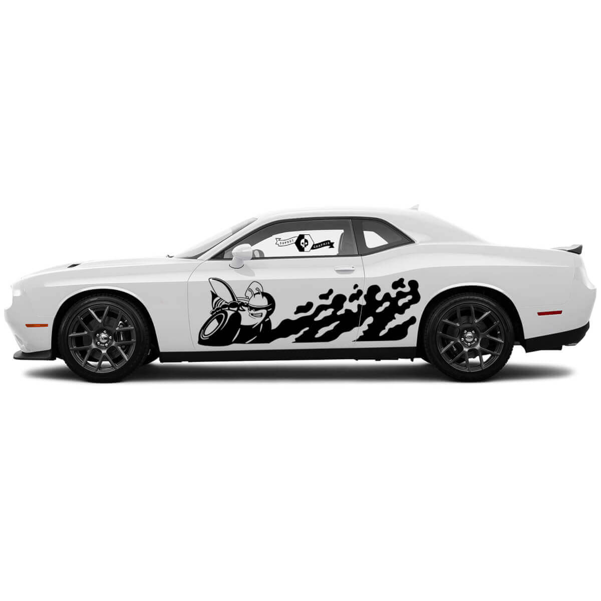 2 Autocollants vinyle latéraux pour la Dodge Challenger Scat Pack, côté passager, détruits, avec motif de décoration.
