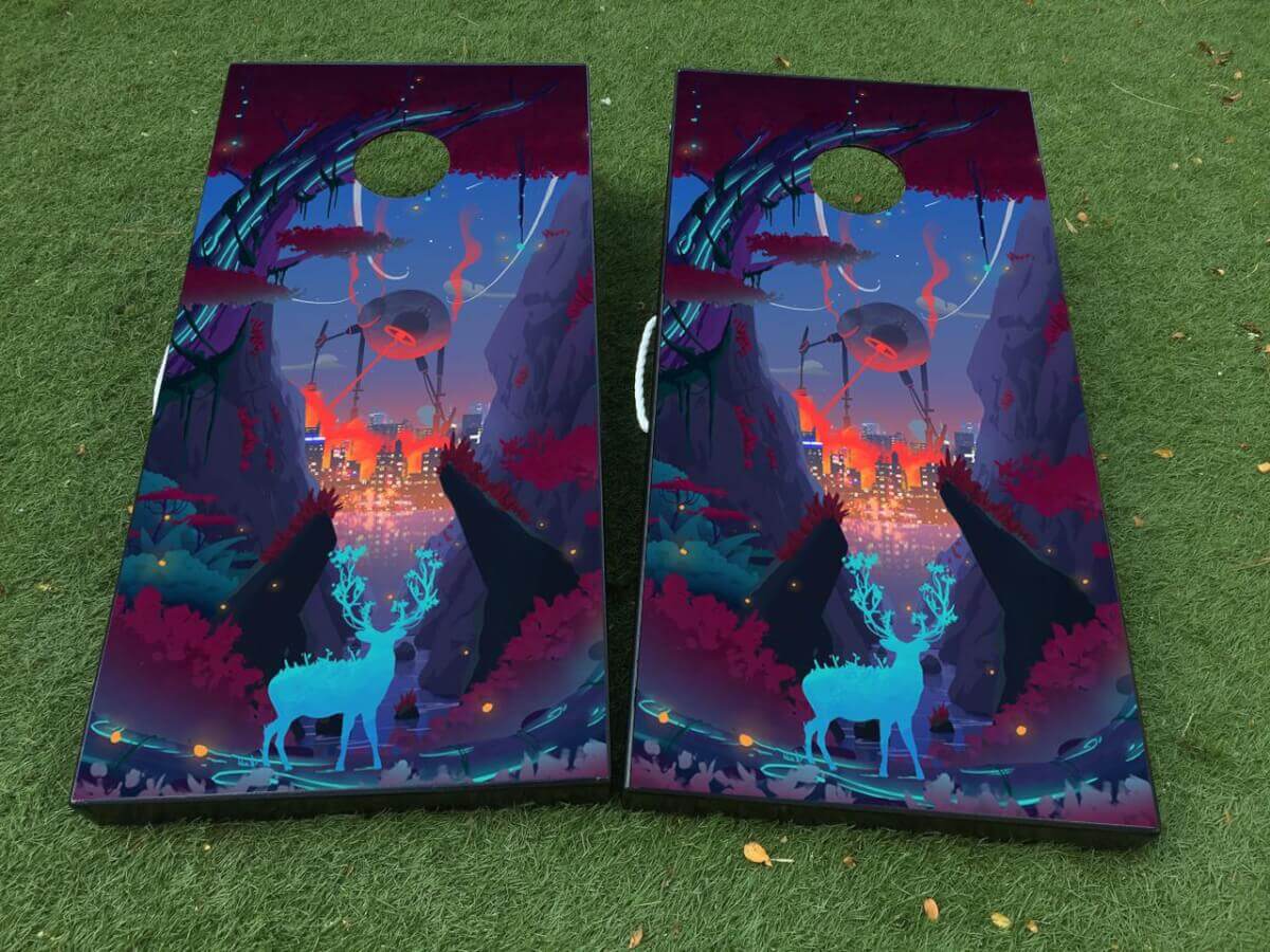 Ensemble de décalcomanies en vinyle pour planche de cornhole forêt de science-fiction abstraite