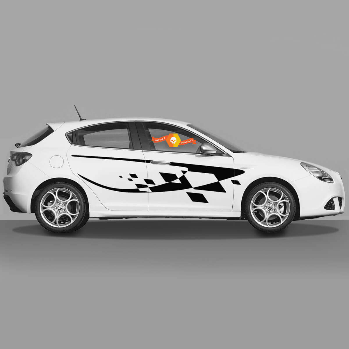 Paire d'autocollants en vinyle, drapeau à damier, autocollants latéraux de porte, style moderne Alfa Romeo 2022
