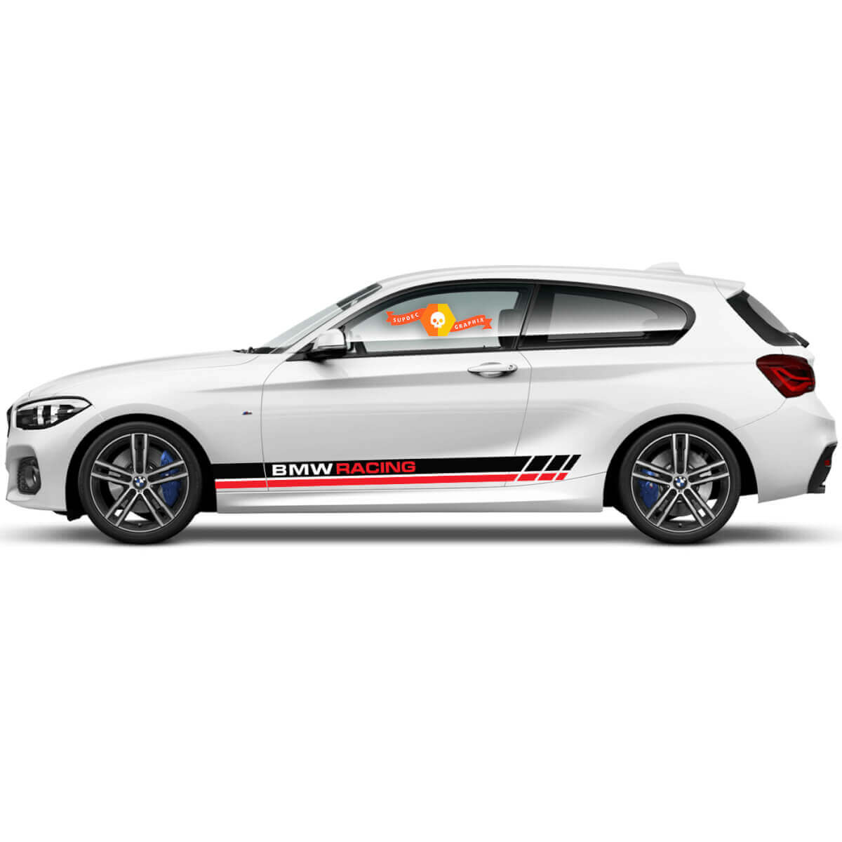 Paire d'autocollants graphiques en vinyle pour les côtés de la BMW Série 1 2015 avec l'inscription BMW Racing
