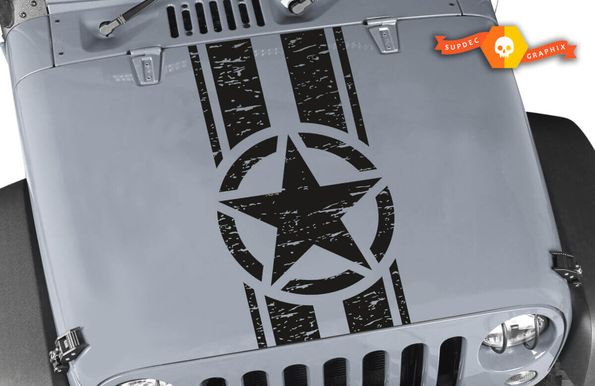 Décalcomanie en vinyle de rayures capot avec étoile militaire usée pour Jeep Wrangler