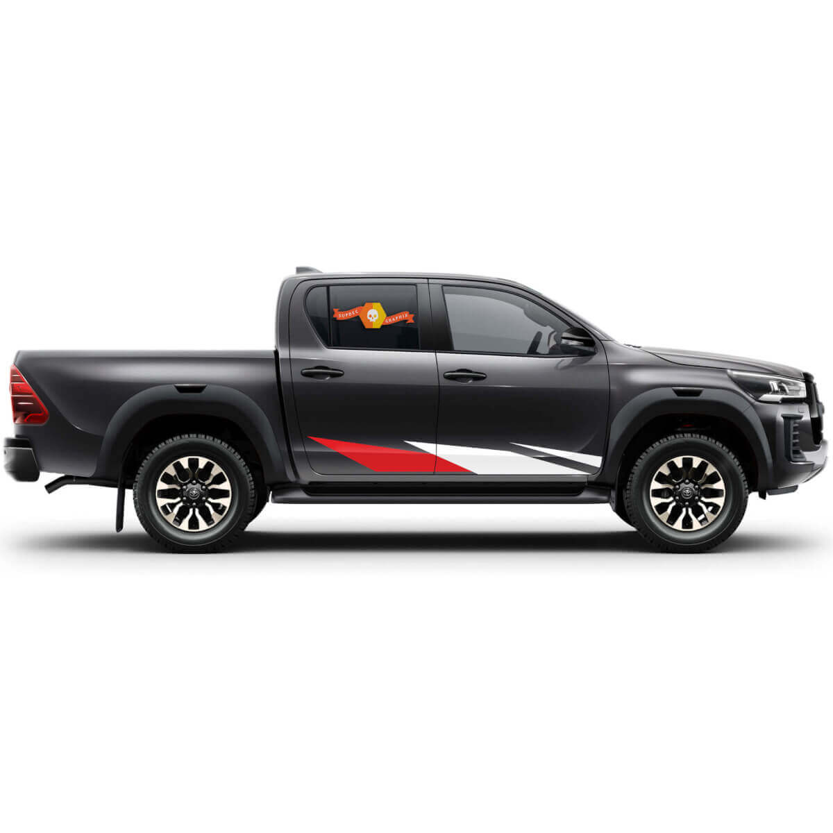 Paire de bandes vinyle pour portes de rallye Toyota Hilux 2022, pour panneaux latéraux et bas de caisse.
