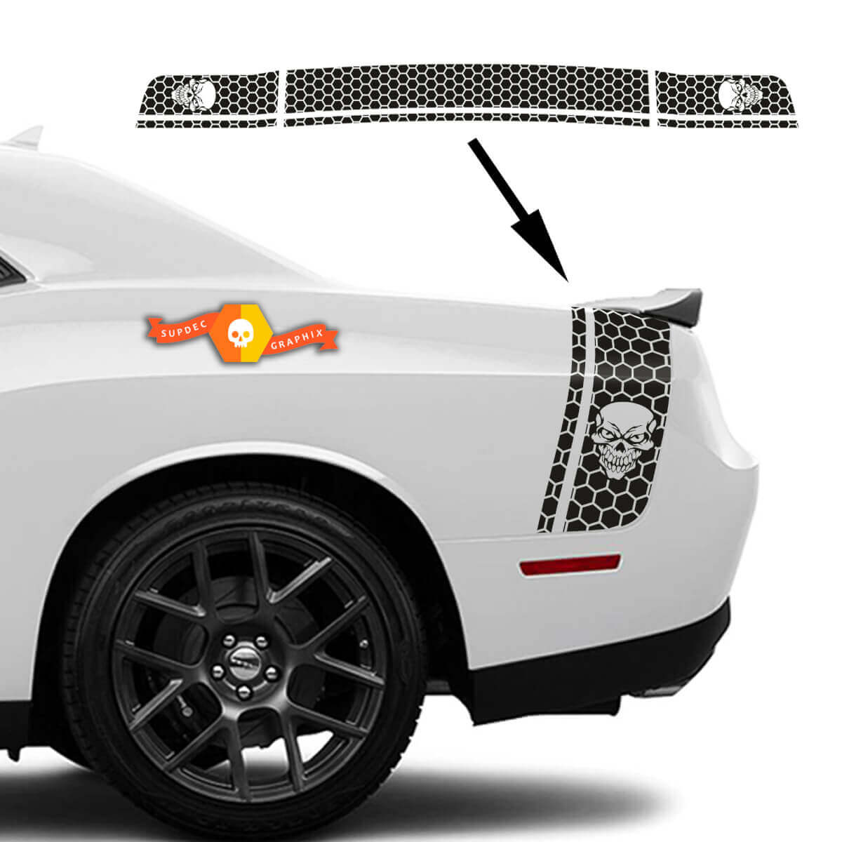 Autocollant graphique Skull Honeycomb pour bande latérale et arrière de Dodge Challenger
