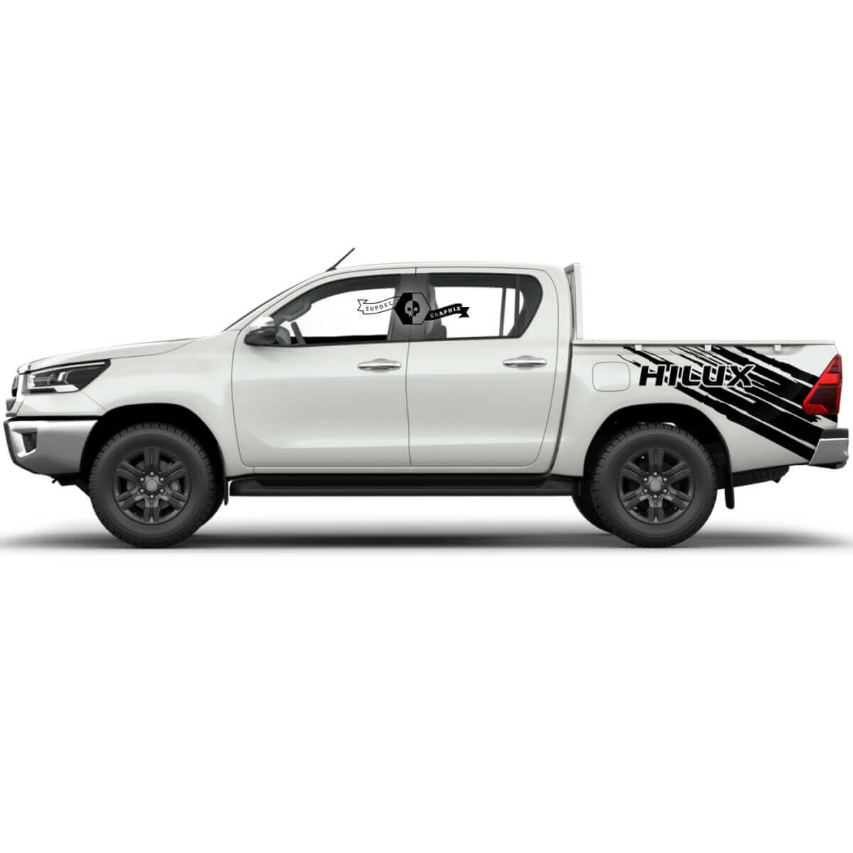 Paire d'autocollants vinyle enroulé usé pour côté de benne de Toyota Hilux 2022 Rally
