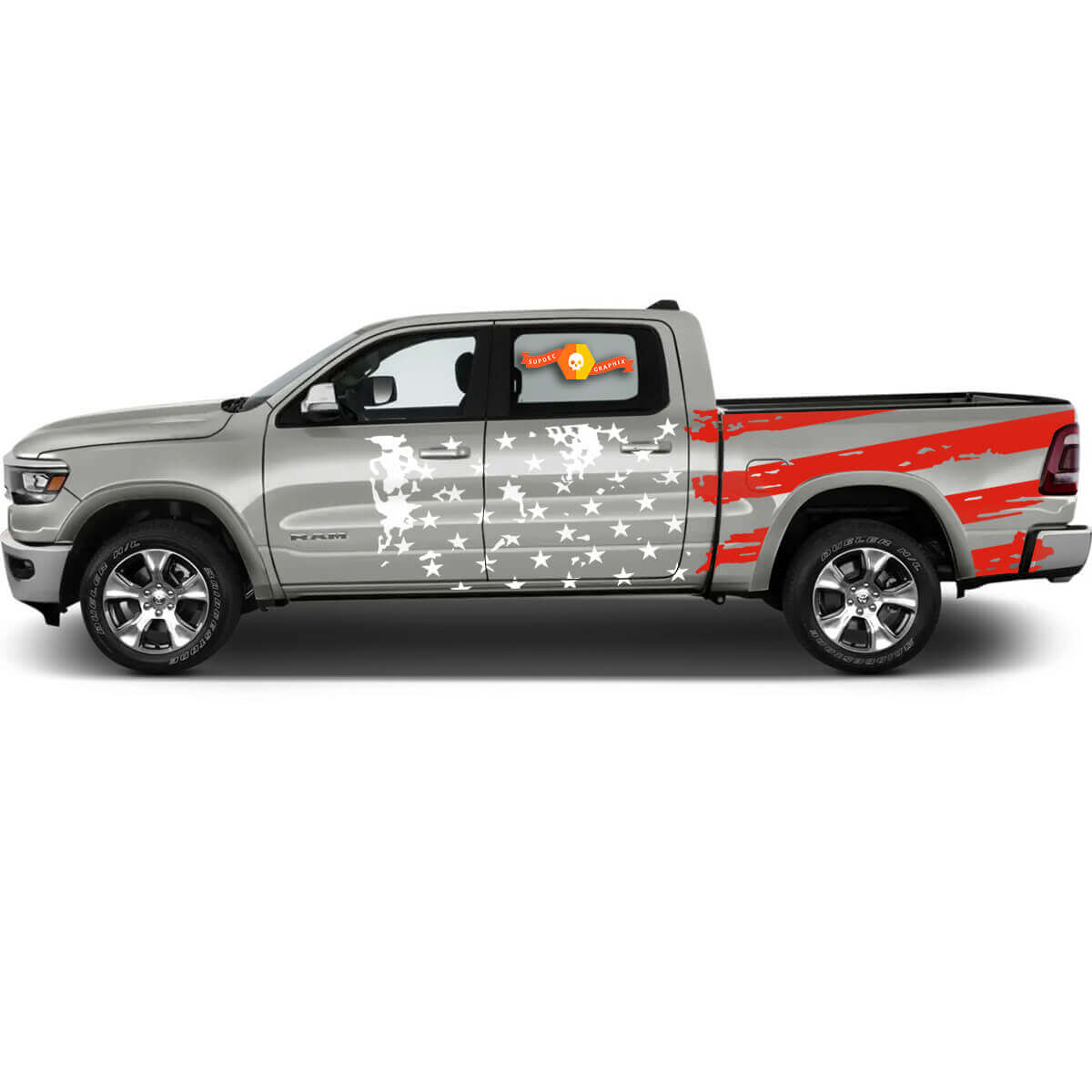 Dodge Ram 1500 Côté de la benne 2 couleurs Drapeau américain Bande arrière de course Autocollant en vinyle
