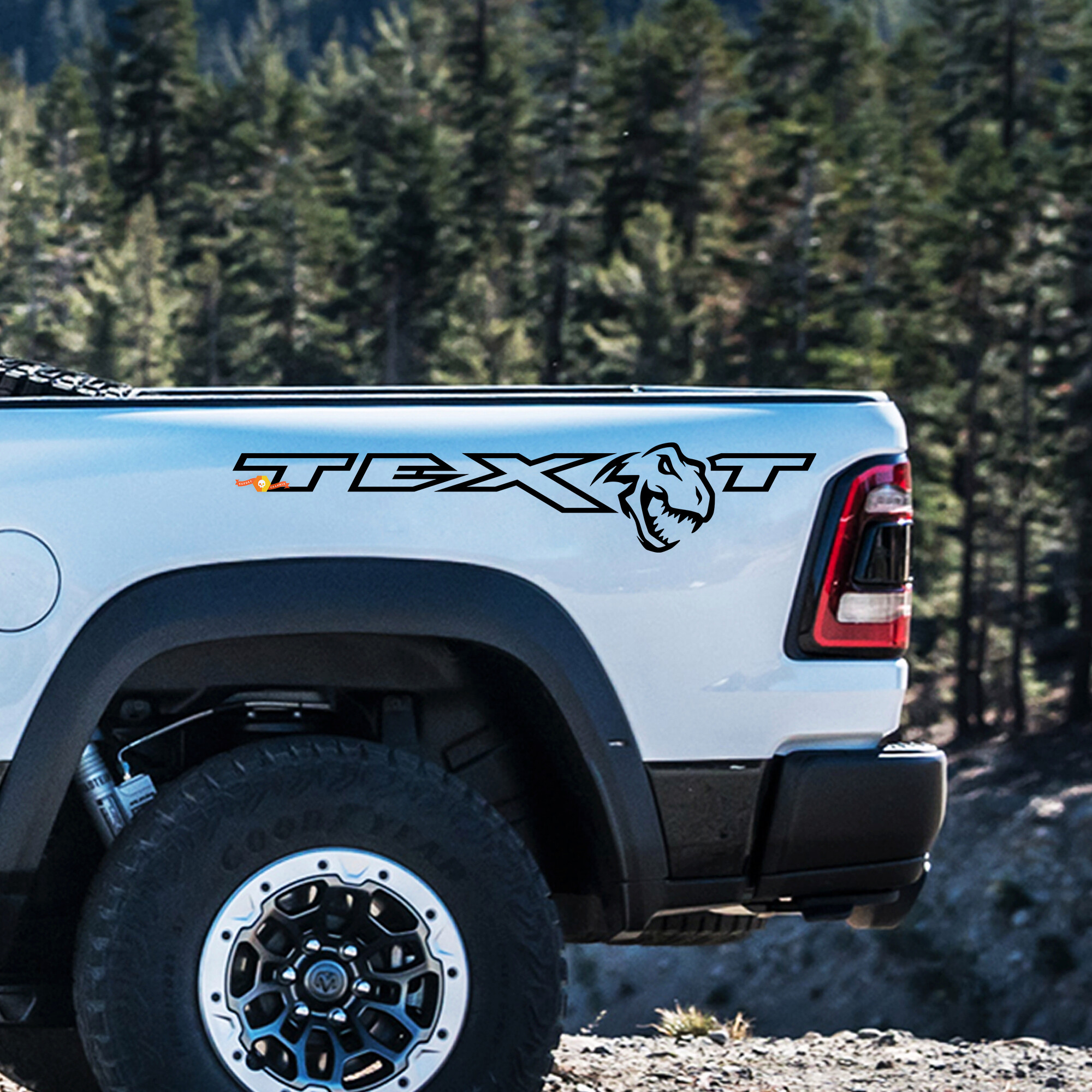 Kit d’autocollants vinyle T-Rex et texte personnalisé pour tablette de lit Dodge Ram Rebel 1500 TRX