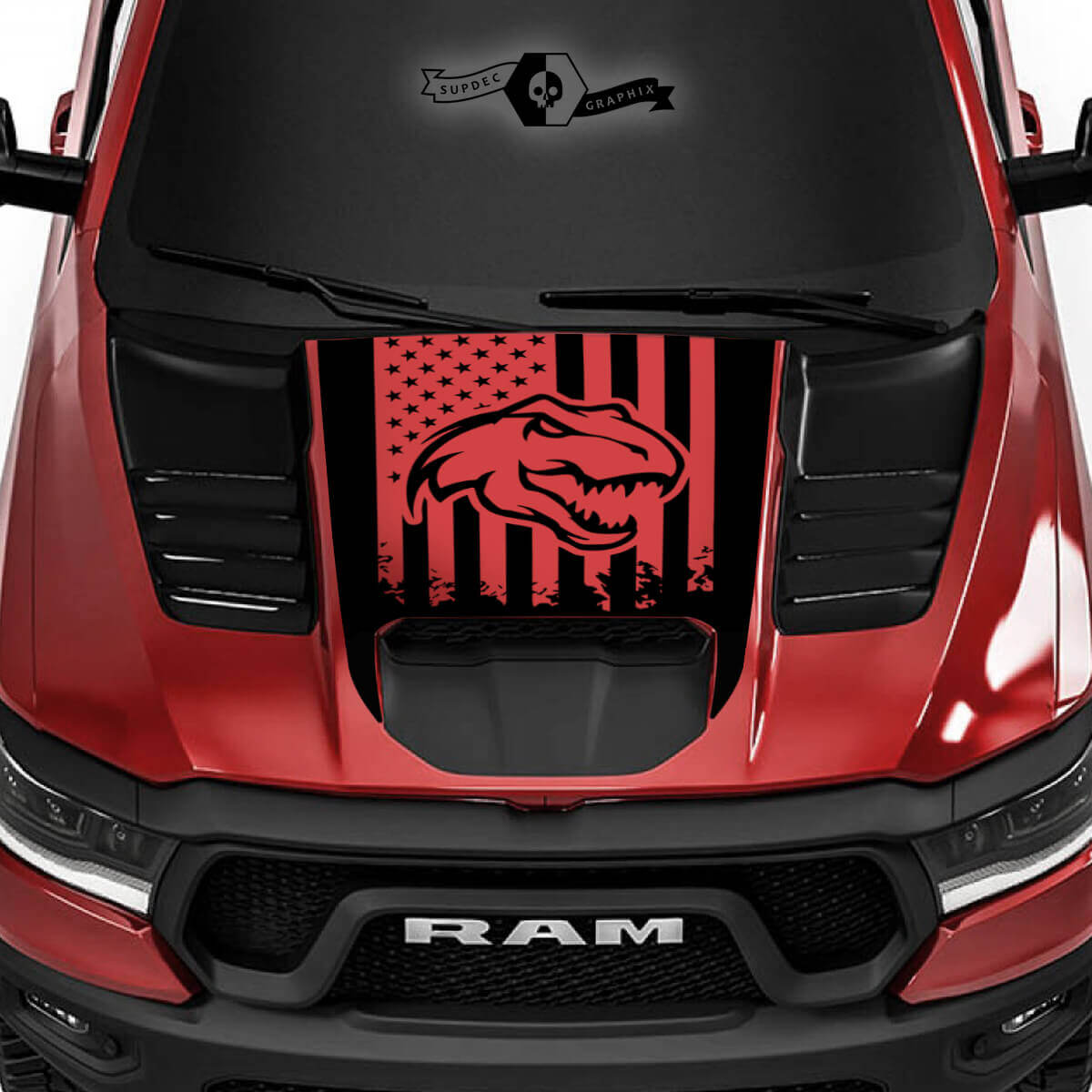 Drapeau capot Dodge Ram Rebel 2022+ 2023+ 1500 TRX T-Rex USA détruit Autocollant vinyle pour camion TRX Graphic
