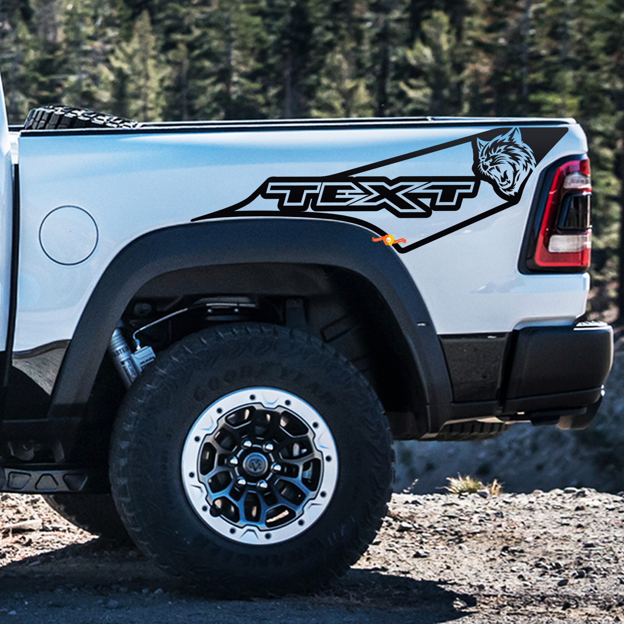 TEXT Wildcat Open Outline Bed Sweep Pair Côté de benne Autocollant vinyle pour Dodge Ram 1500
