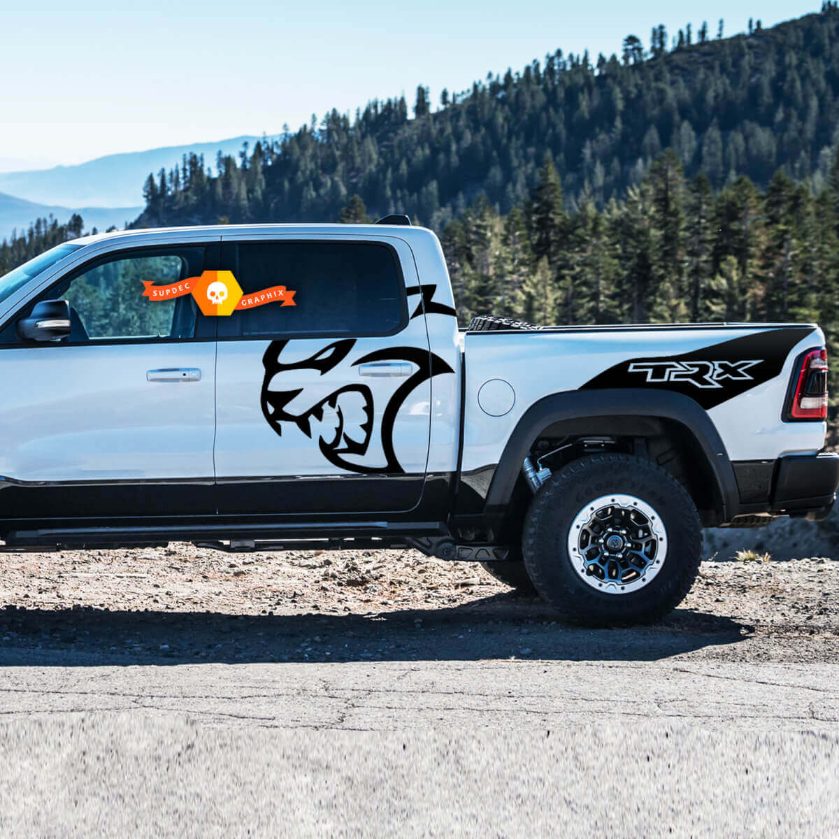 Paire Dodge Ram TRX Hellcat 2021+ Splash Ram Head Doors Bed Logo Truck Vinyl Sticker Decal lit Graphique
