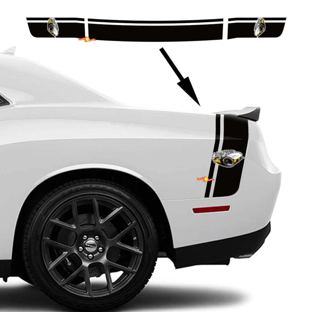 Kit de décalcomanies en vinyle à double bandes style Rumble Bee pour côté coffre Dodge Challenger 2022+