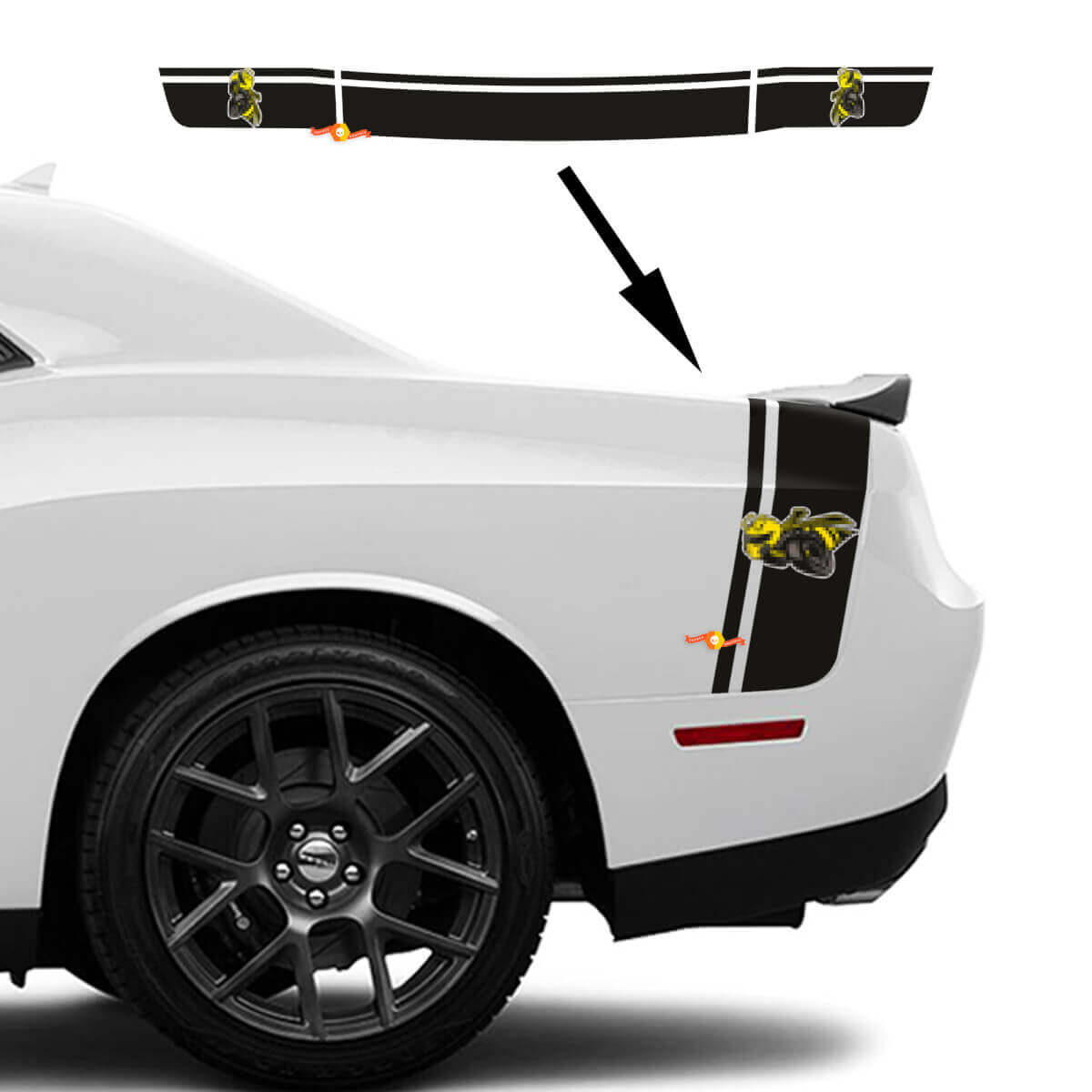 Kit de décalcomanies en vinyle avec doubles bandes style Drag Bee pour coffre latéral Dodge Challenger Charger