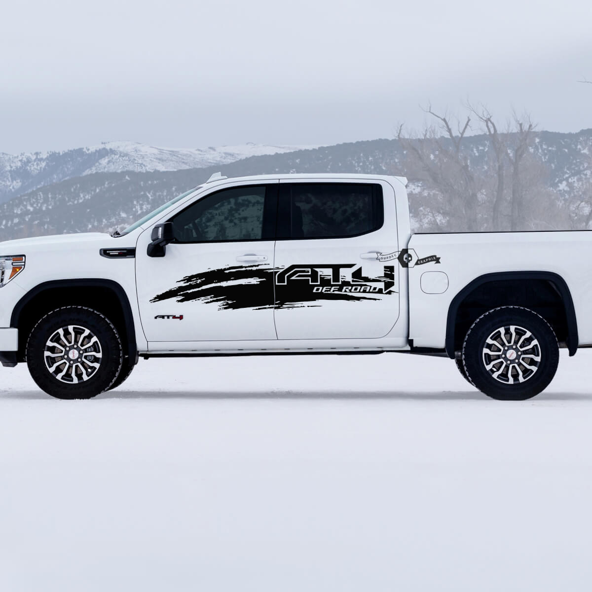 2 Nouveau GMC GM Sierra 1500 AT4 DOORS SPLASH Lit latéral hors route détruit des autocollants de décalcomanies «