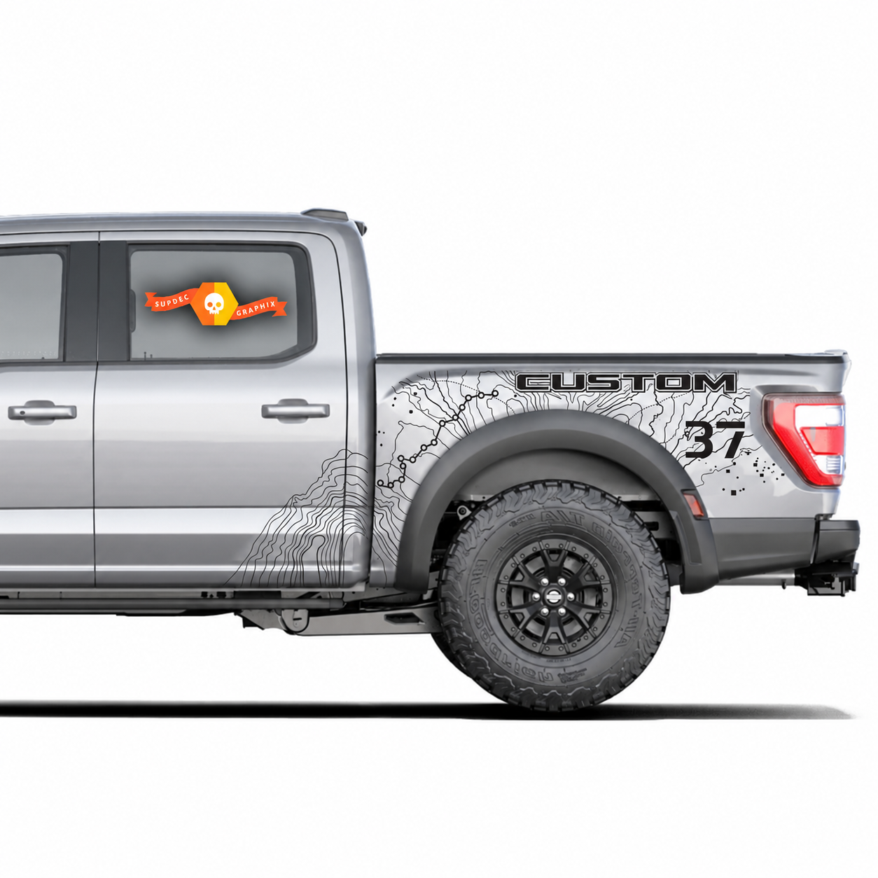 SVT CUSTOM Topographic Map Splash 37 — Autocollant en vinyle (panneau de benne) pour Ford F-150 Raptor 2023