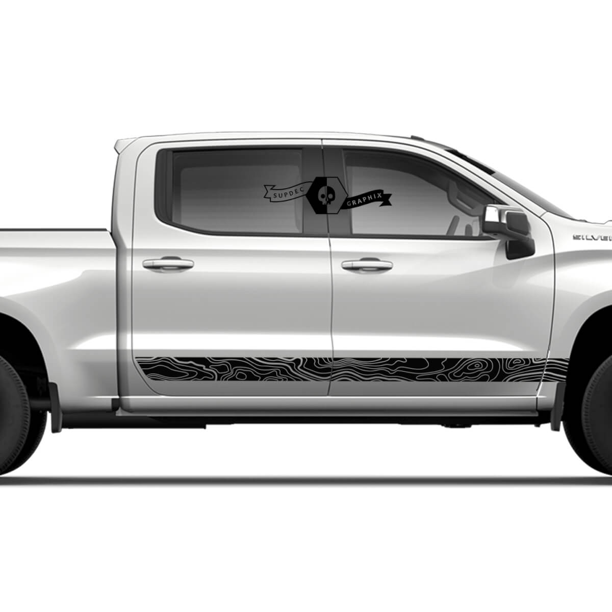 Paire Chevrolet Silverado Side Rocker Panel Carte topographique Portes Stripe Line Vinyl Decal Sticker
