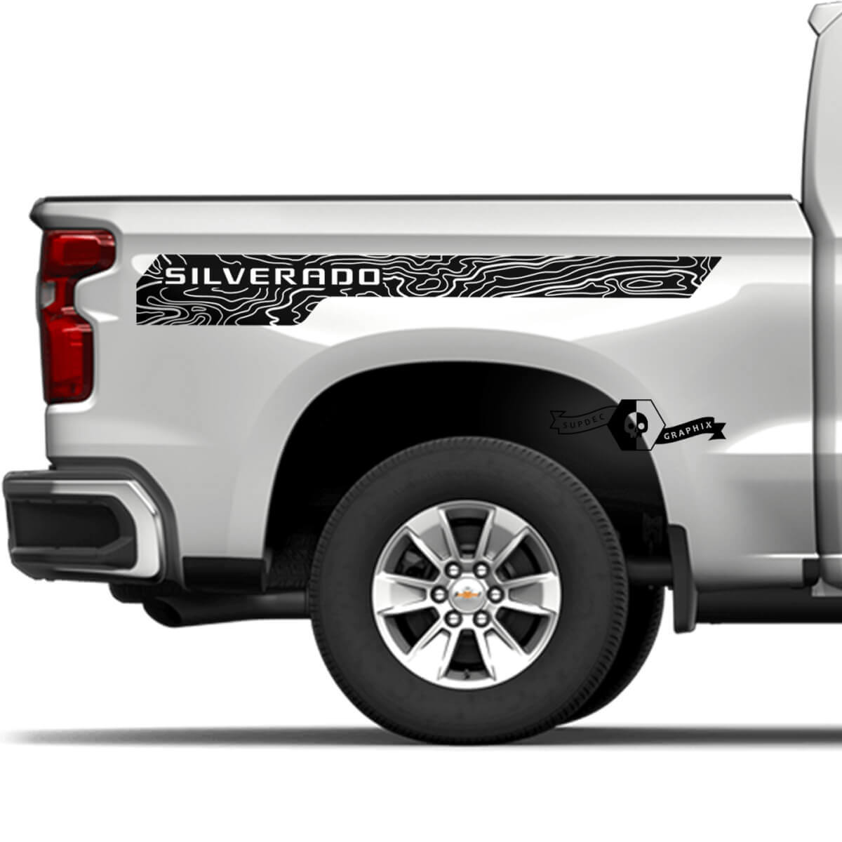 Autocollant vinyle à rayures avec logo de lit latéral de carte topographique pour Chevrolet Silverado 2022+ 2023
