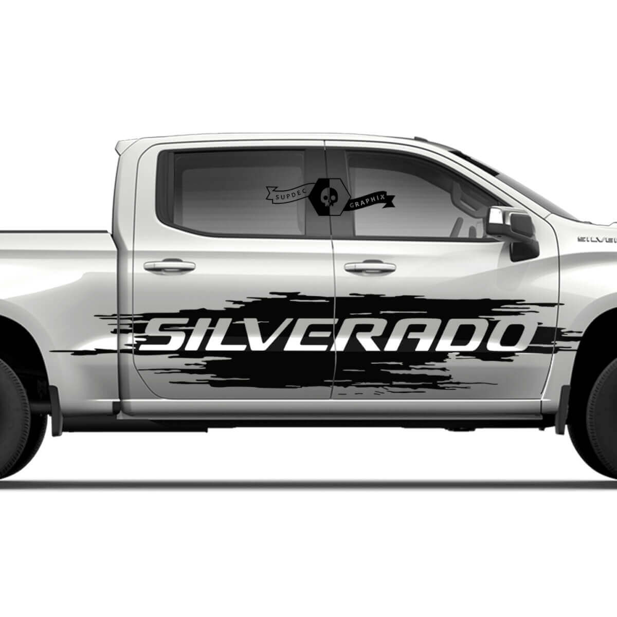 Paire Chevrolet Silverado 2022+ 2023 Autocollant vinyle pour décalcomanie de logo de bande latérale de porte éclaboussure détruite
