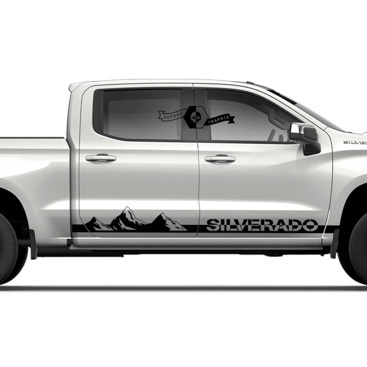 Paire de bandes de vinyle autocollant pour panneau latéral Chevrolet Silverado avec motif de montagnes et ombre de portes
