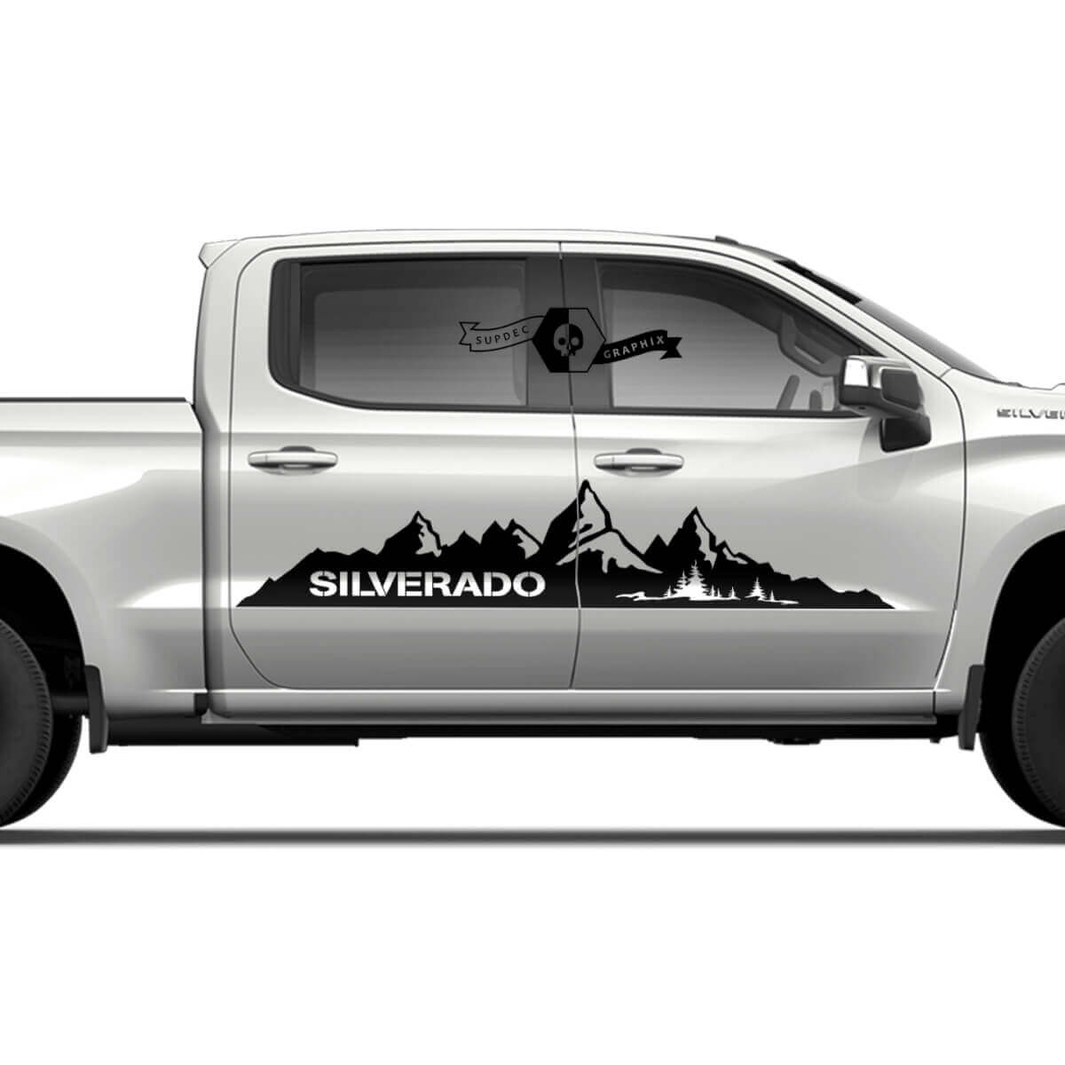 Paire Chevrolet Silverado 2022+ 2023 Autocollant Vinyle Décalcomanie Logo Montagnes pour les Portes Latérales

