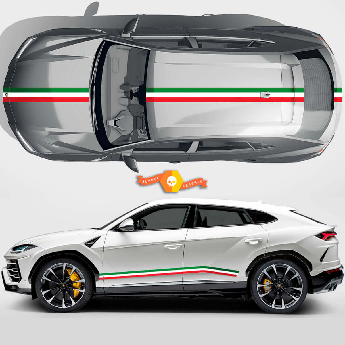 Paire Lamborghini Urus 2021 2022 2023 Drapeau Italien Portes Latérales Capot Lignes de Toit Rayures Autocollant Vinyle Sticker Graphique
