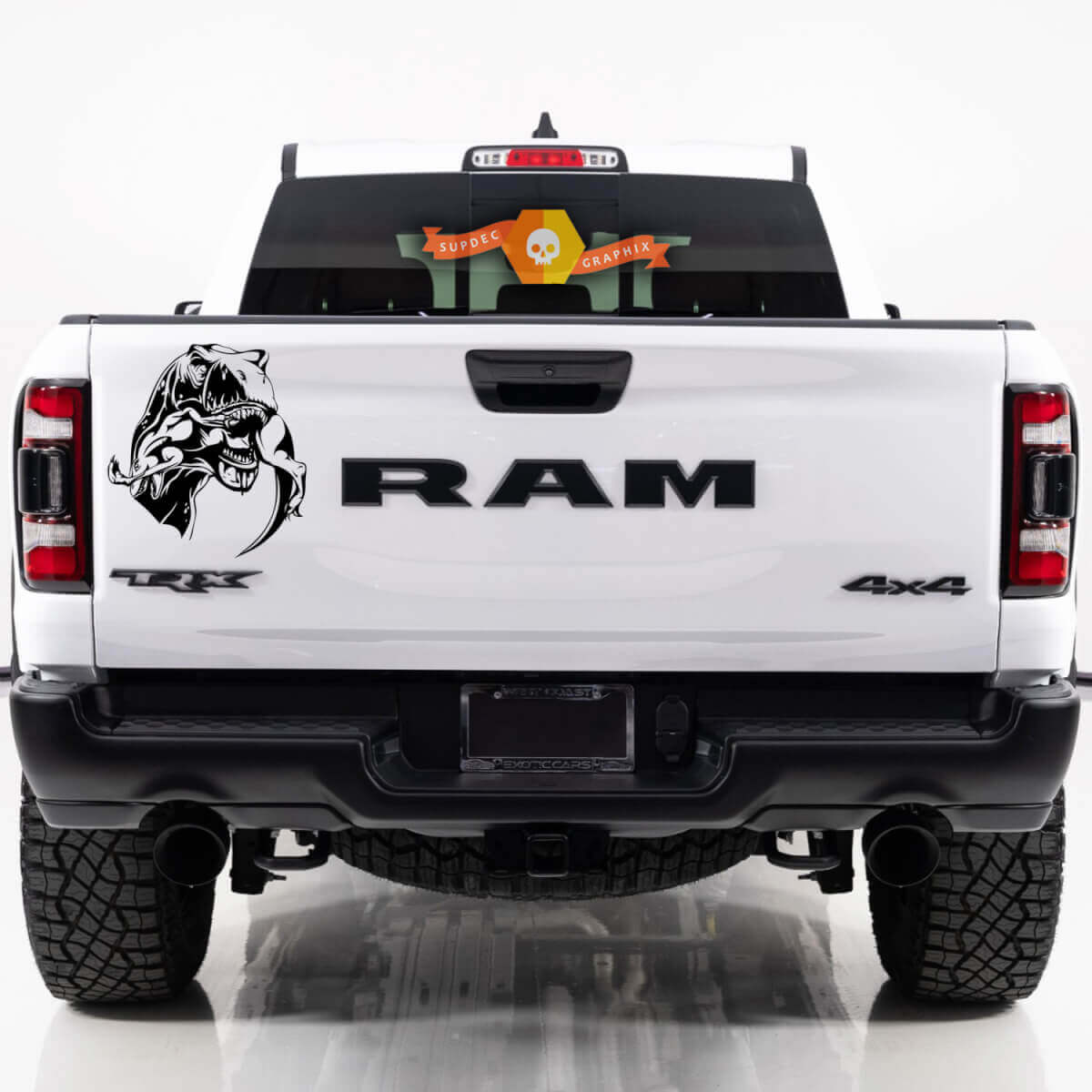 Autocollant en vinyle T-Rex mangeant la queue de Raptor pour hayon Dodge Ram TRX 2023