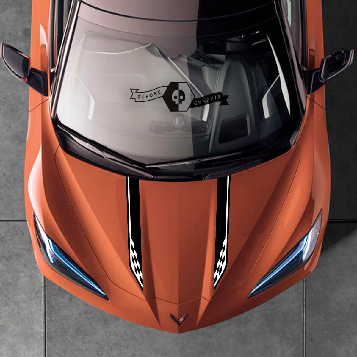 2020 2022 2023 Chevrolet Corvette C8 Stingray Hood Corvette Classic-Beckerboard Flags Logo Decal Stripes 2 couleurs