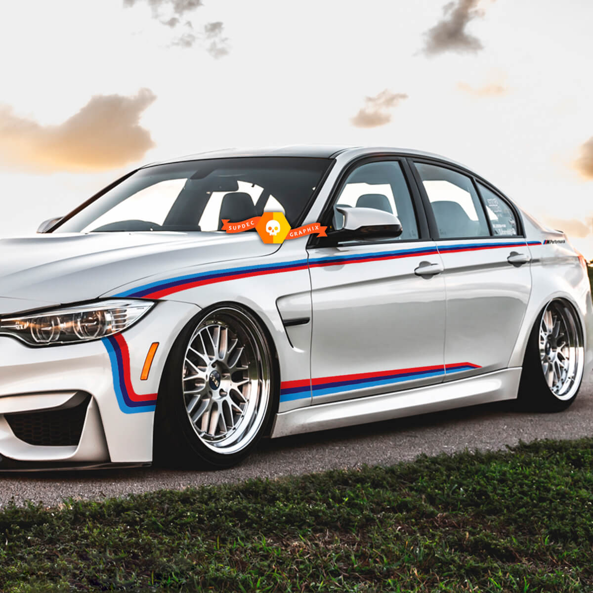 Paire de rayures de couleurs BMW M pour portes latérales pare-chocs garde-boue autocollants en vinyle

