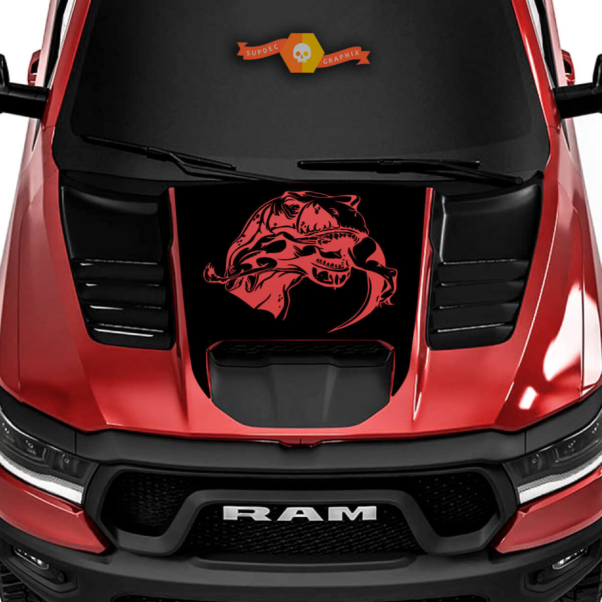 Autocollant en vinyle T-Rex mangeant un raptor pour capot Ram 1500 TRX