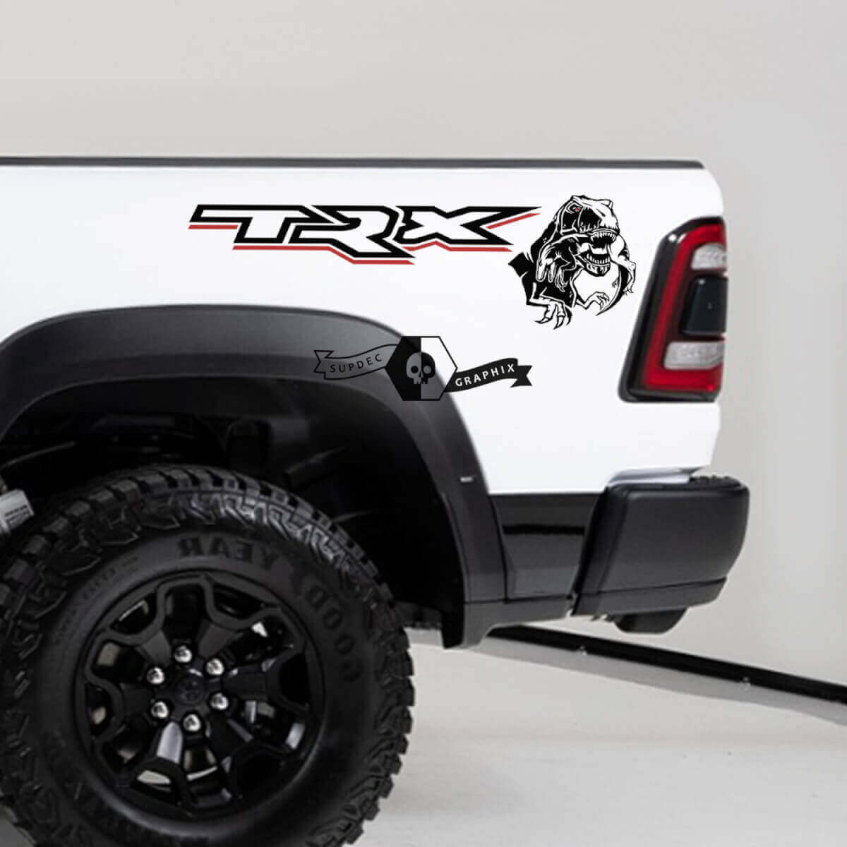 Kit de décalcomanies en vinyle T-Rex mangeant un raptor pour le côté du lit Dodge Ram TRX 2020-23