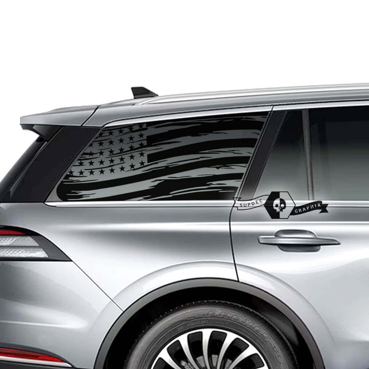 2 x Lincoln 2023 Aviator Fenêtre US Drapeau Détruit Vinyle Autocollants Graphiques Autocollant
