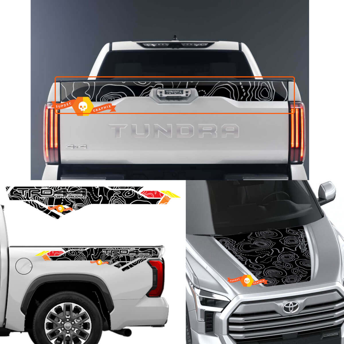 Autocollants graphiques tout-terrain TRD 4x4, carte topographique pour capot, chevet, hayon, pour Toyota Tundra XK70 2021 - up
