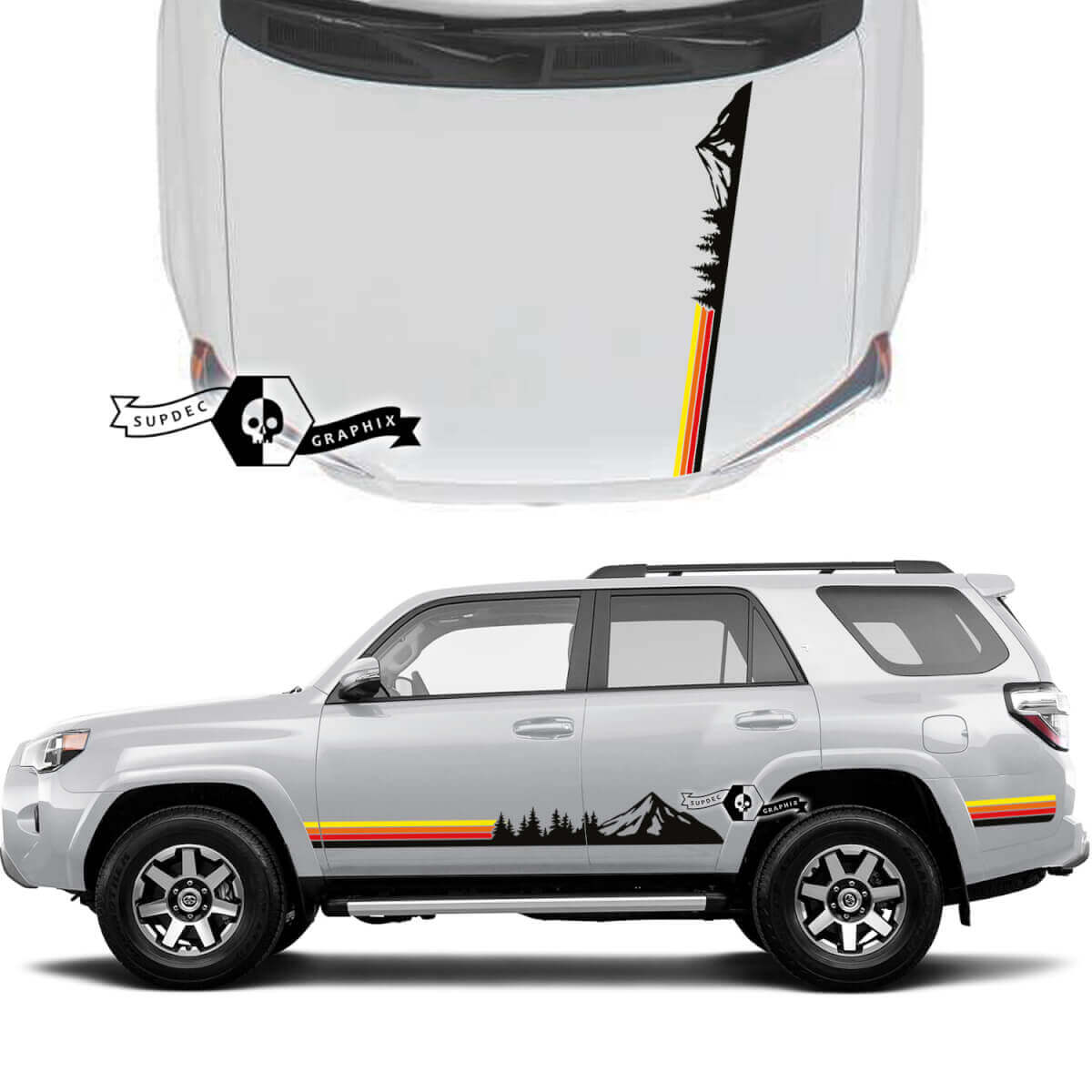 Paire 4Runner 2023 porte latérale capot vieille école coucher de soleil vinyle montagnes forêt décalcomanies bande autocollants pour Toyota 4Runner TRD
