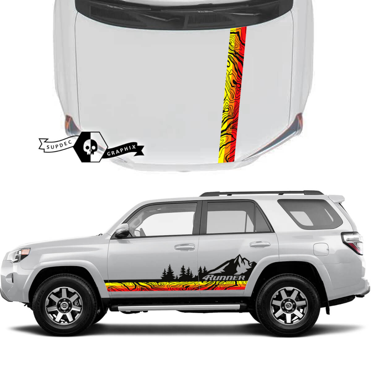 Paire 4Runner 2023 capot de porte latérale vieille école coucher de soleil vinyle carte topographique montagnes forêt décalcomanies autocollants à rayures pour Toyota 4Runner TRD

