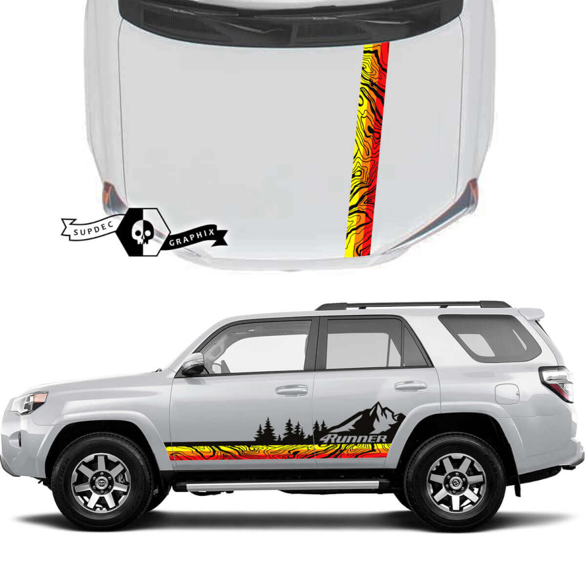 Paire de décalcomanies de capot de porte latérale pour 4Runner 2023, style vintage coucher de soleil, carte topographique des montagnes de la forêt, autocollants de bandes pour Toyota 4Runner TRD
