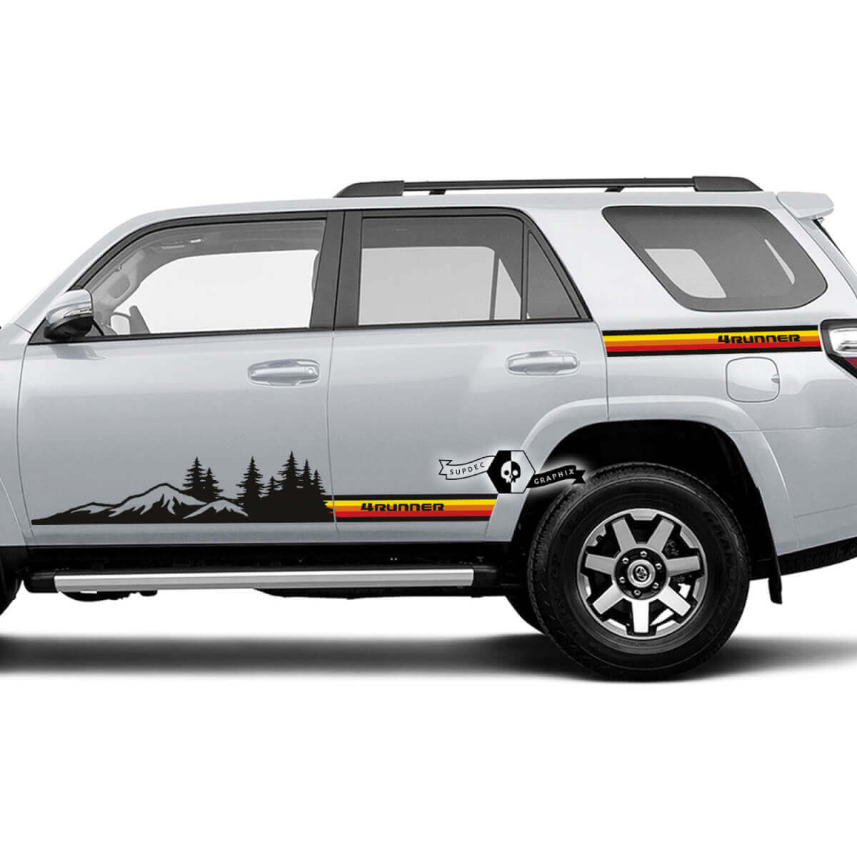 Paire 4Runner 2023 porte latérale vieille école coucher de soleil vinyle montagnes forêt décalcomanies bande lit autocollants pour Toyota 4Runner TRD
