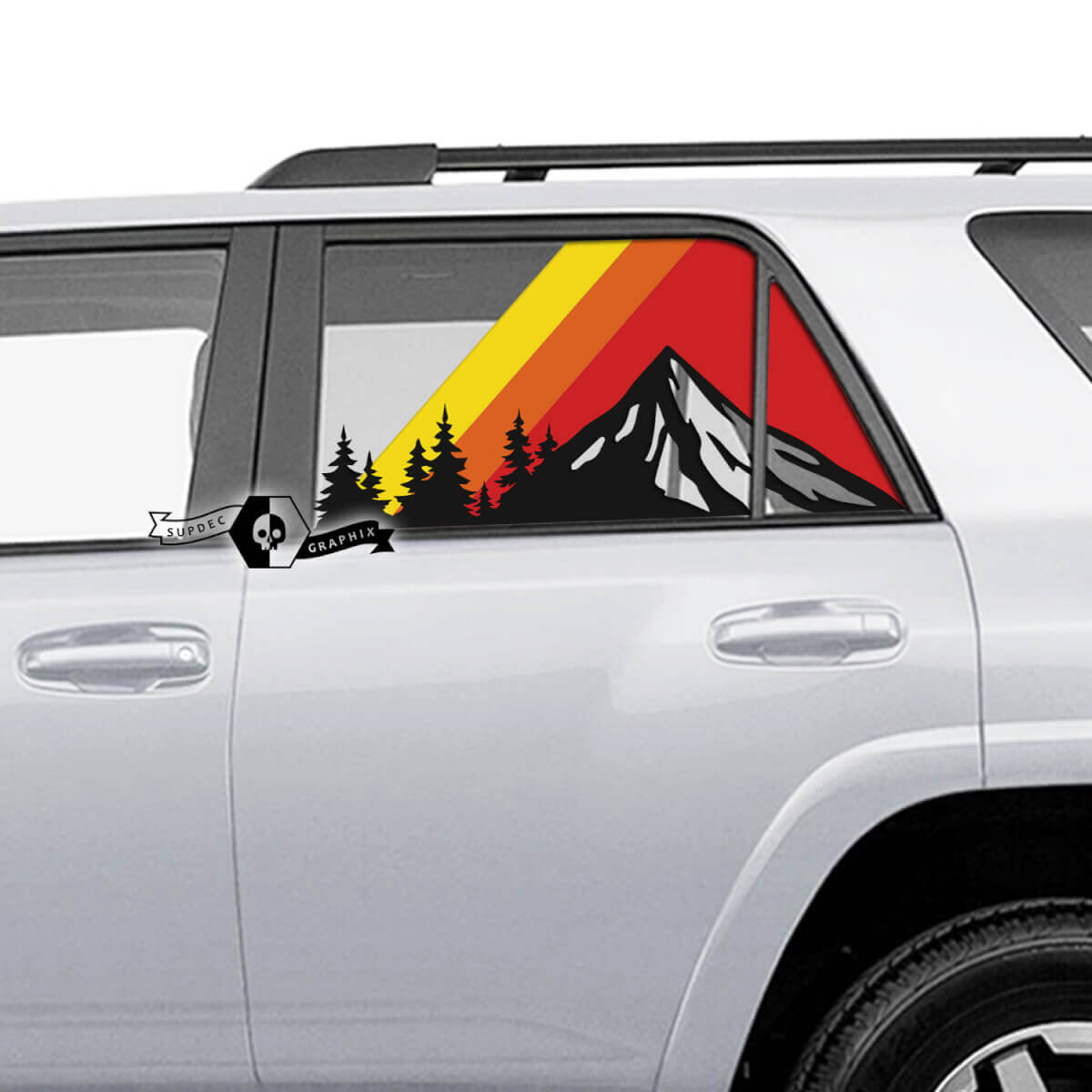 Déco en vinyle autocollante de style forêt montagneuse avec bandes vintage pour lunette arrière Toyota 4Runner