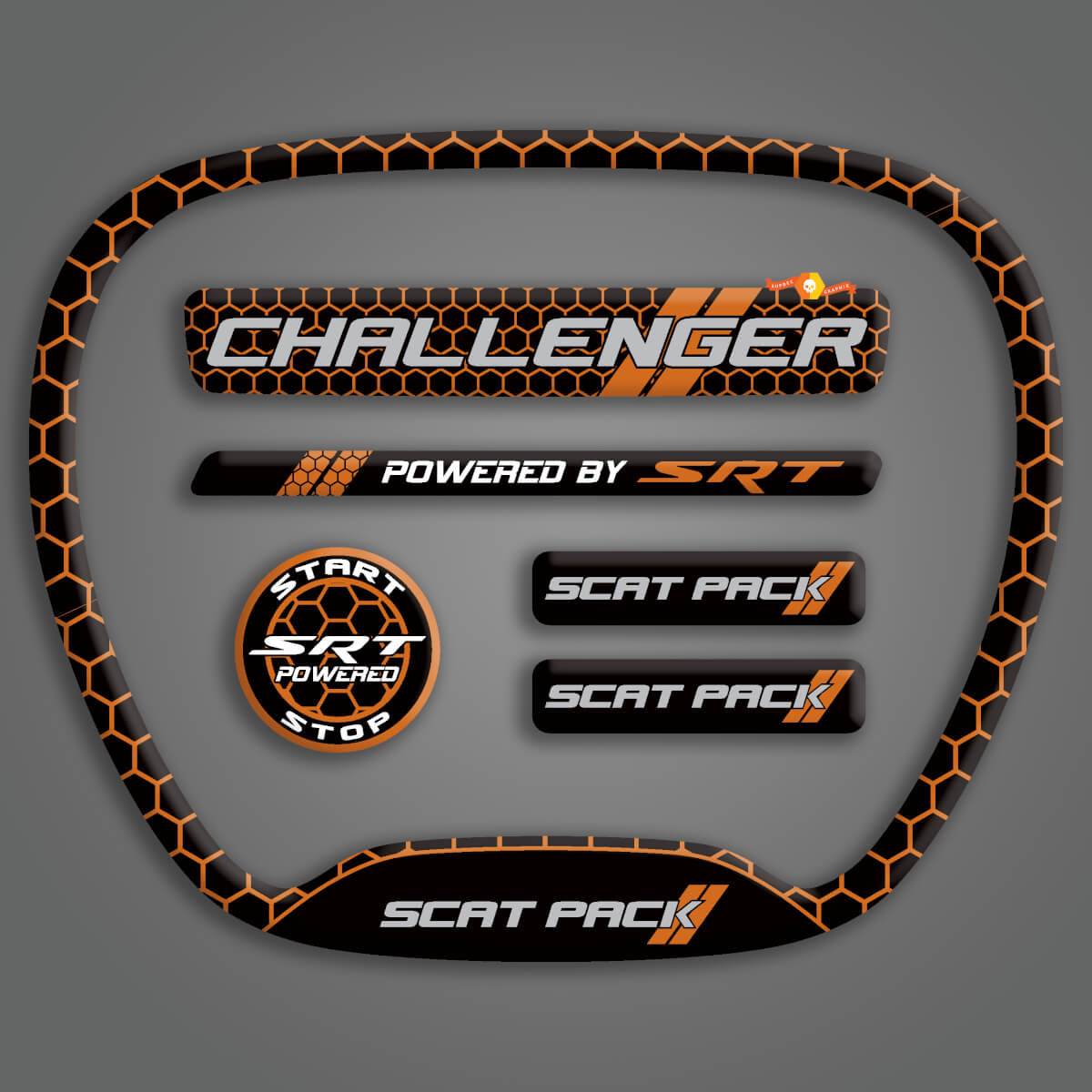Ensemble de Challenger SRT Scat Pack Honeycomb Cannelle Orange VOLANT GARNITURE ANNEAU emblème en forme de dôme Autocollant Autocollant Chargeur Dodge Scatpack
