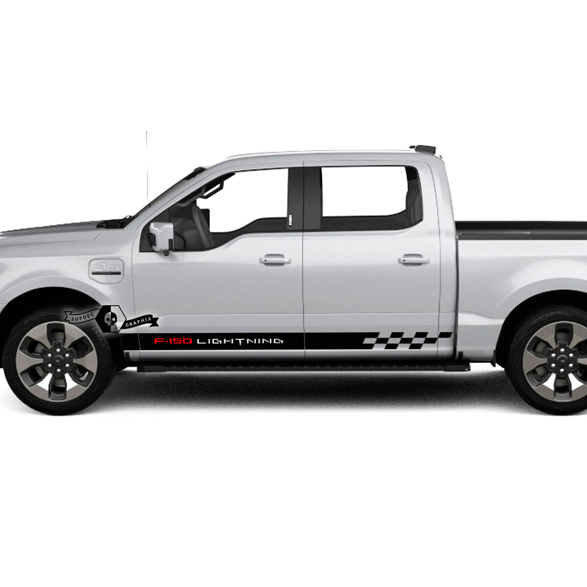 Paire Ford F-150 Lightning 2022 2023 panneau à bascule damier drapeau rayures corps portes décalcomanies côté autocollants graphiques vinyle
