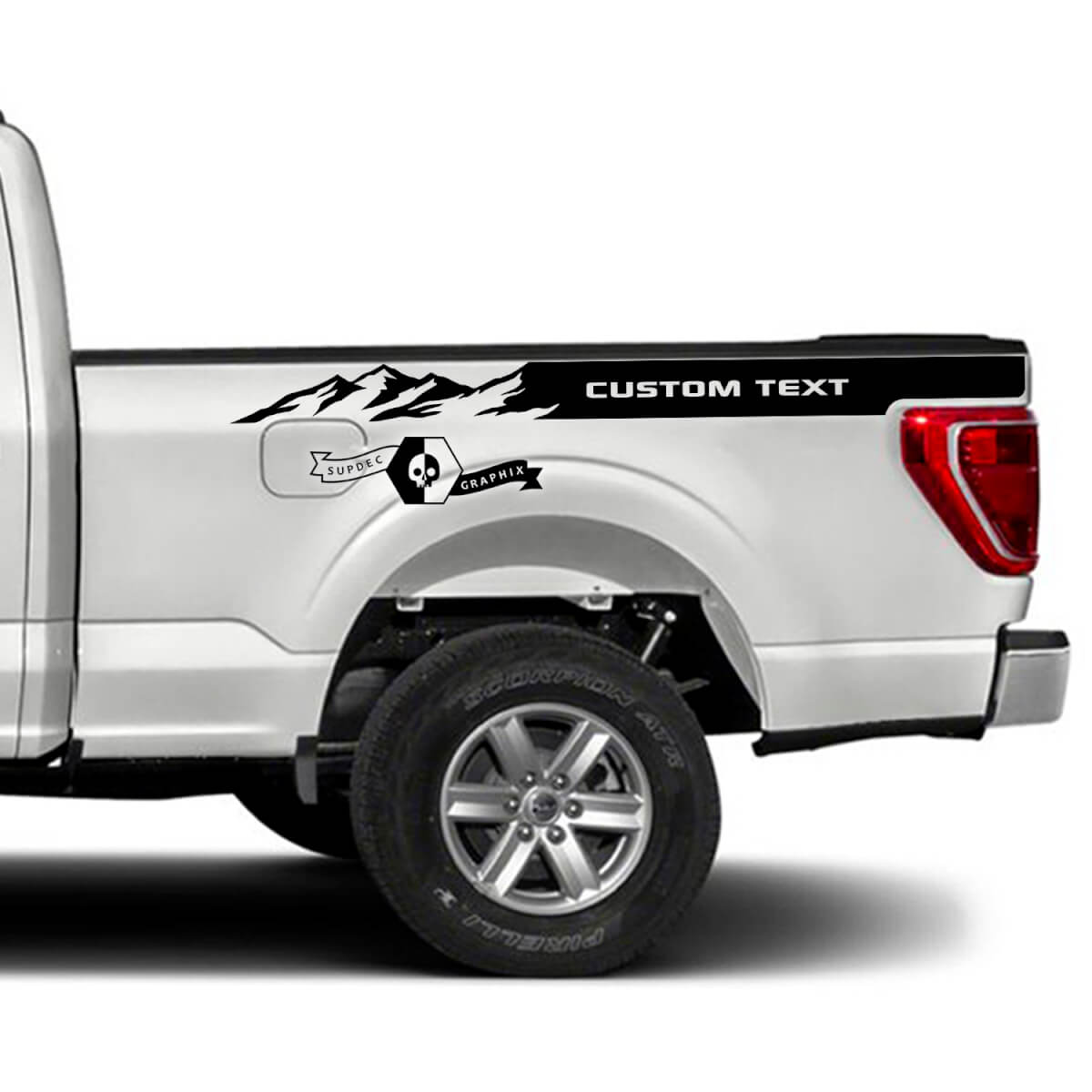 Paire Ford F-150 XLT Bed Mountains Stripe F-150 Logo Graphiques Autocollants latéraux Autocollants Texte personnalisé
