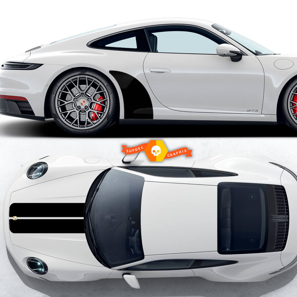 Bandes de capot Porsche 911 GTS 992 Carrera 4 GTS et kit autocollant pour passage de roue latéral
