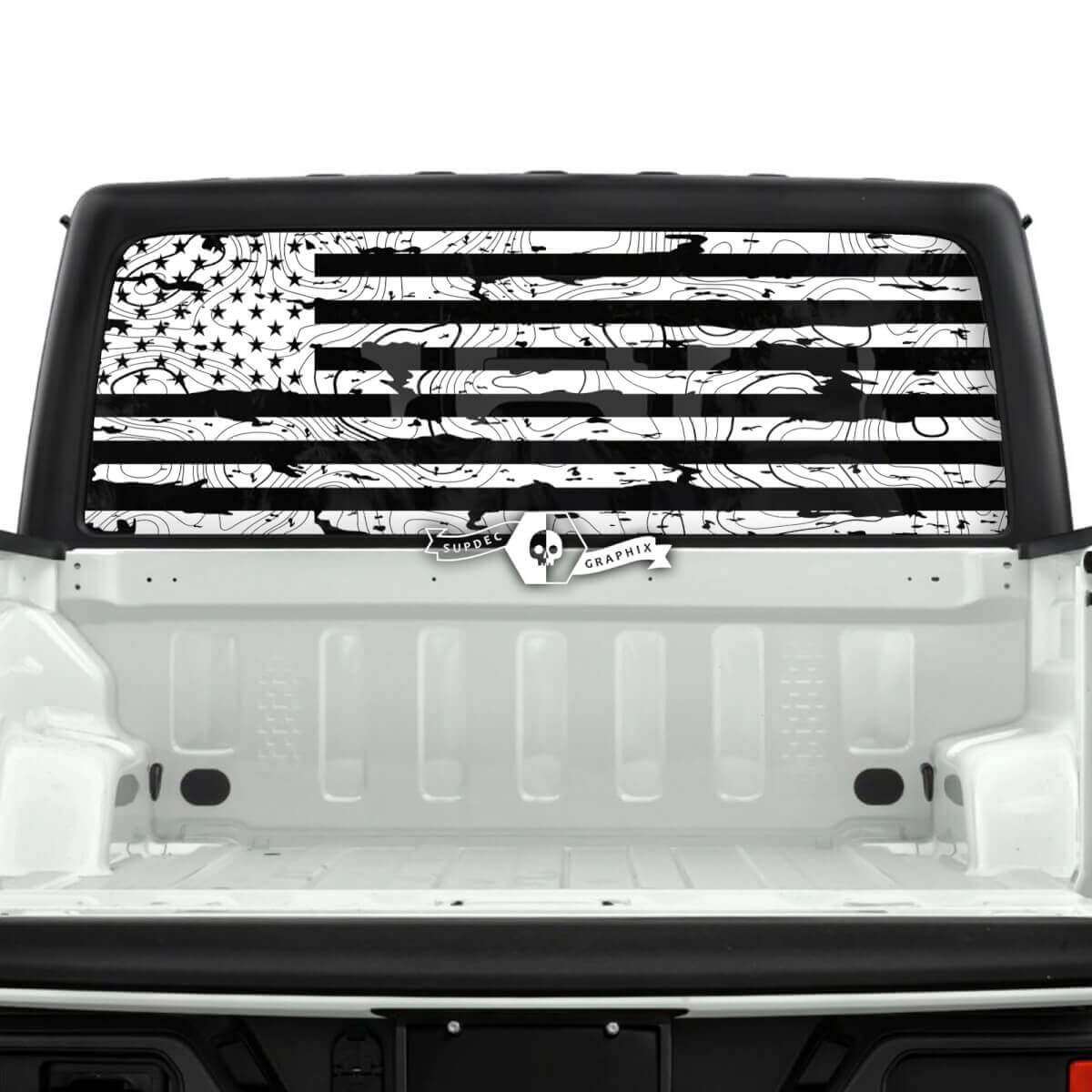 Jeep Gladiator Drapeau de fenêtre arrière USA Carte topographique détruite Autocollants Topo Autocollants Bande graphique en vinyle
