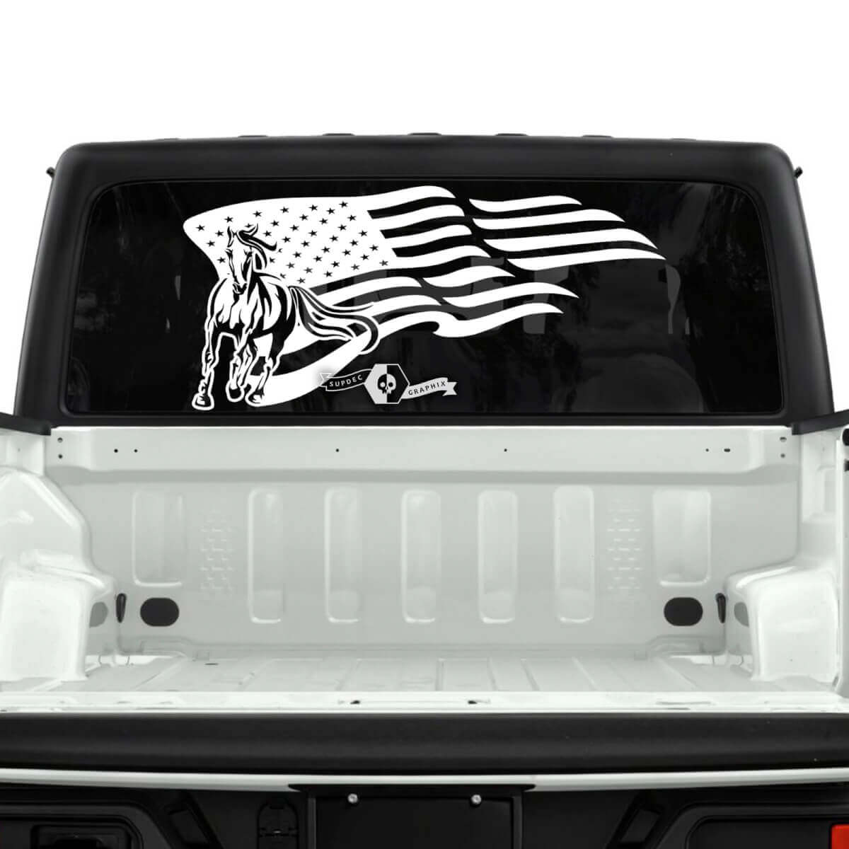 Jeep Gladiator drapeau de fenêtre arrière USA cheval autocollants décalcomanies vinyle graphique bande
