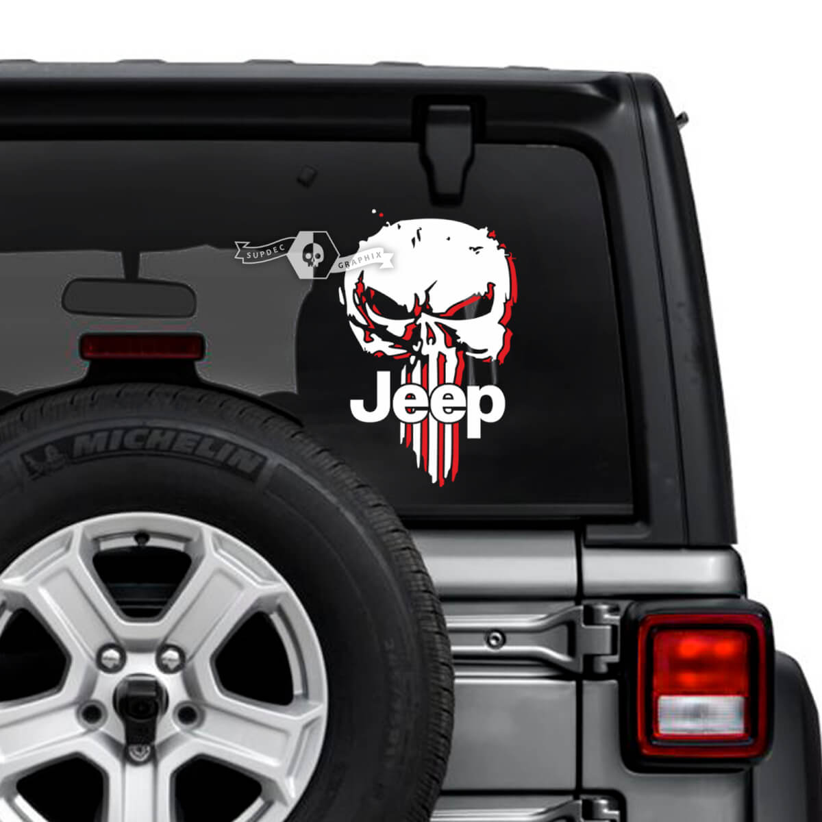 Jeep Wrangler illimité lunette arrière Punisher ombre autocollants décalcomanies vinyle graphiques 2 couleurs
