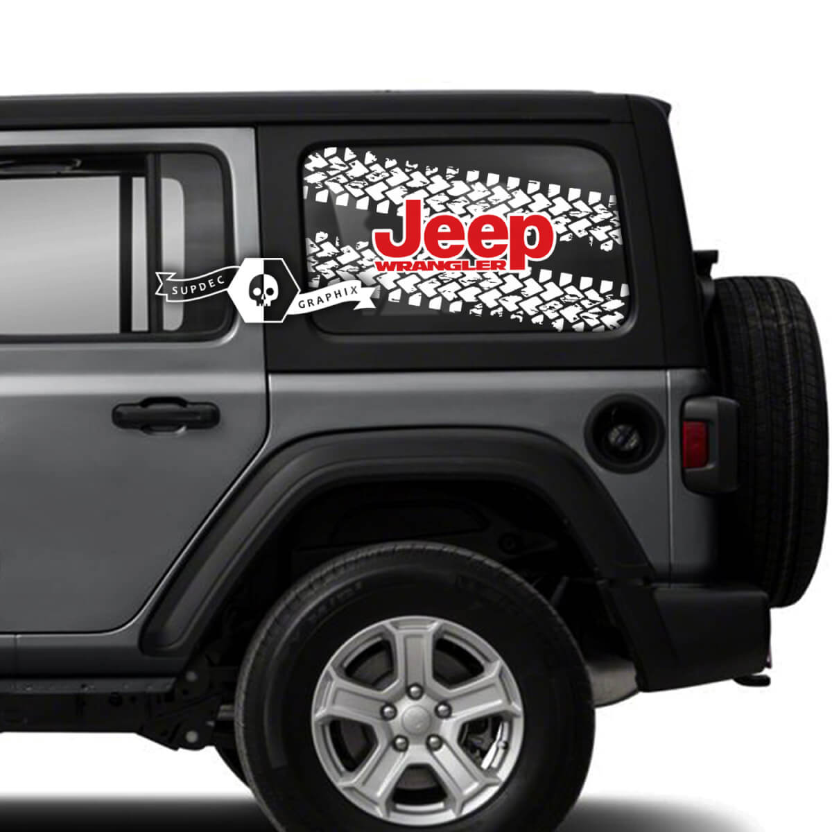 Paire d’autocollants de piste de pneu de fenêtre de porte latérale illimitée de Jeep Wrangler décalcomanies logo Jeep graphiques en vinyle 2 couleurs
