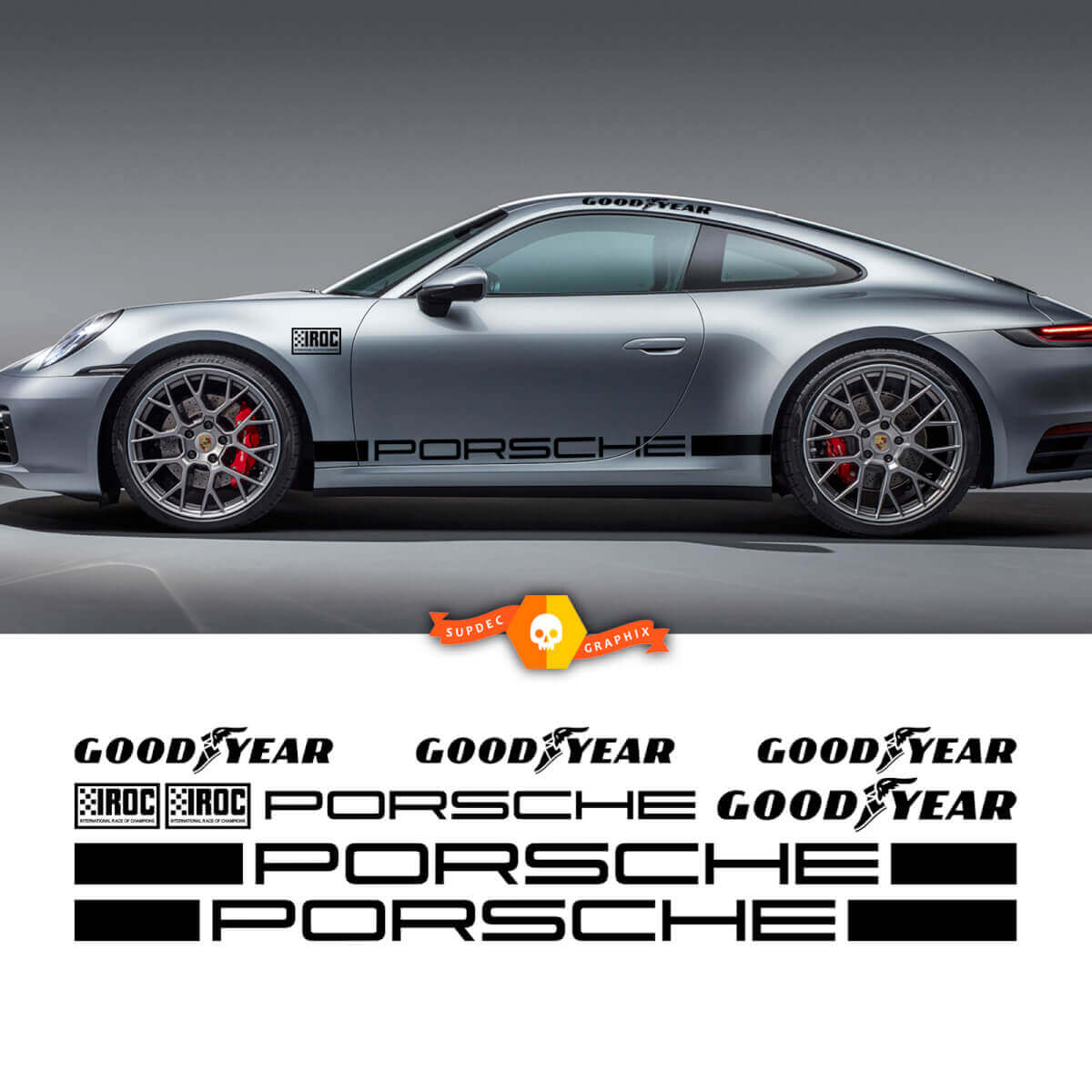 2 Porsche 911 Porsche Carrera IROC GoodYear Racing Rocker Panel Bandes latérales Portes Kits Autocollant autocollant
