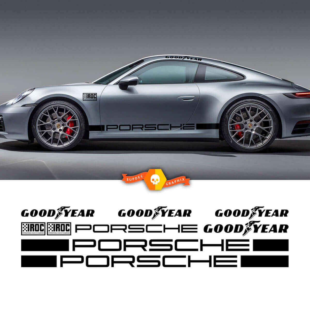 Kit d'autocollants vinyle bandes latérales de course Goodyear IROC Porsche pour Porsche 911 Carrera
