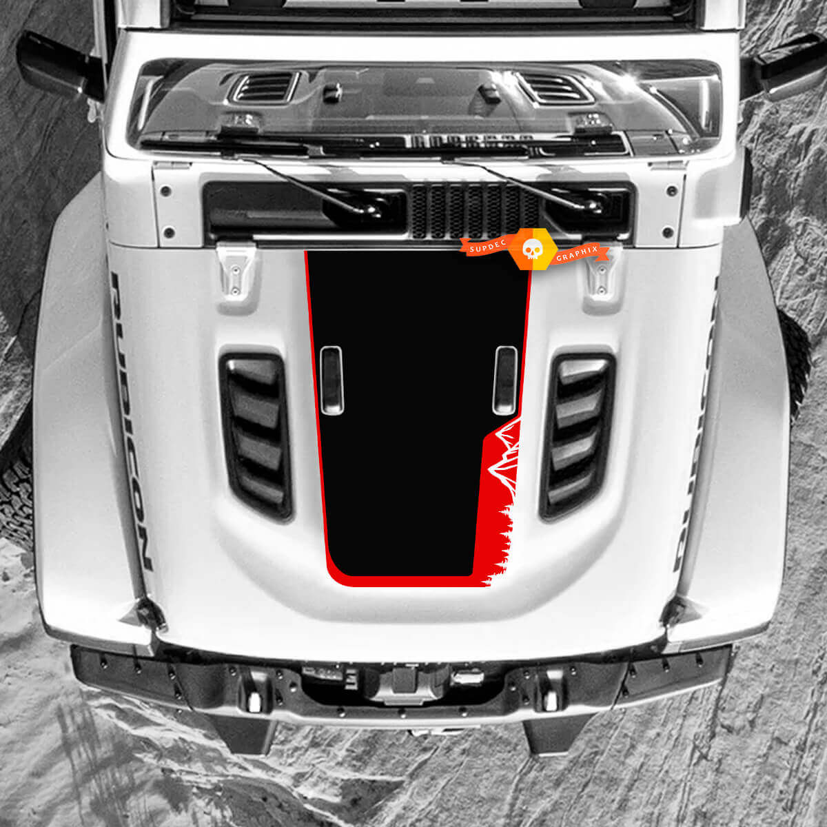 Jeep Wrangler Hood Decal Montagnes Forêt Autocollants en vinyle 2 couleurs
