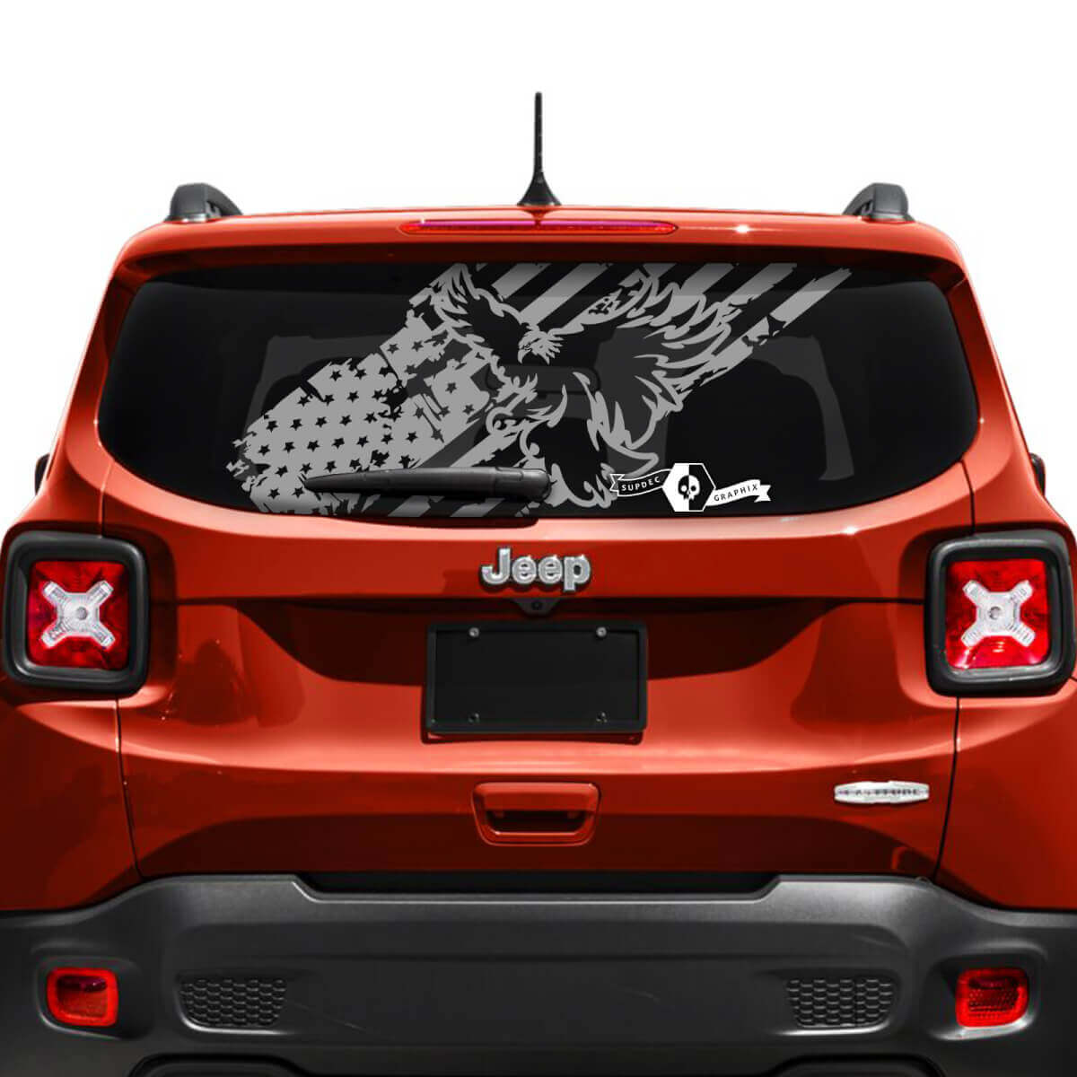 Jeep Renegade hayon fenêtre USA drapeau battu détruit vinyle autocollant autocollant
