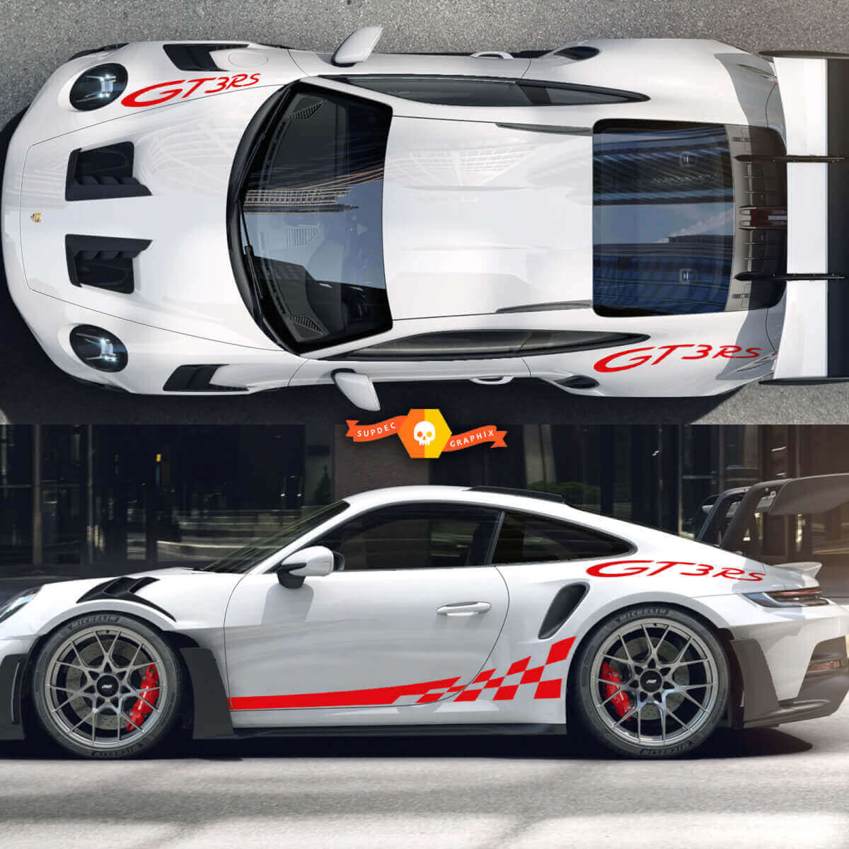 Kit d'autocollants vinyle bandes latérales GT3 RS & damier pour Porsche 911