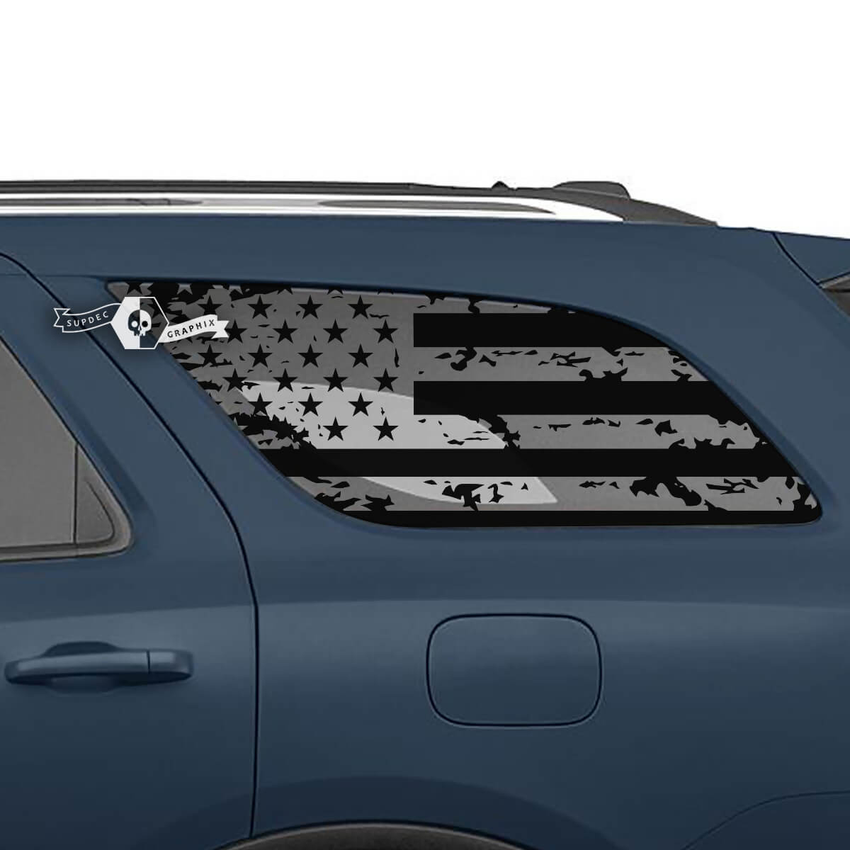 Paire d’autocollants en vinyle pour fenêtre arrière latérale Dodge Durango USA Flag Destroyed Wrap Decal
