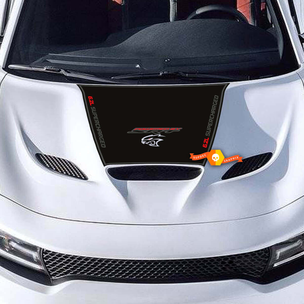 Autocollant de capot pour chargeur 6,2l suralimenté 6,2l HEMI SRT HELLCAT HEMI autocollant en vinyle 3 couleurs

